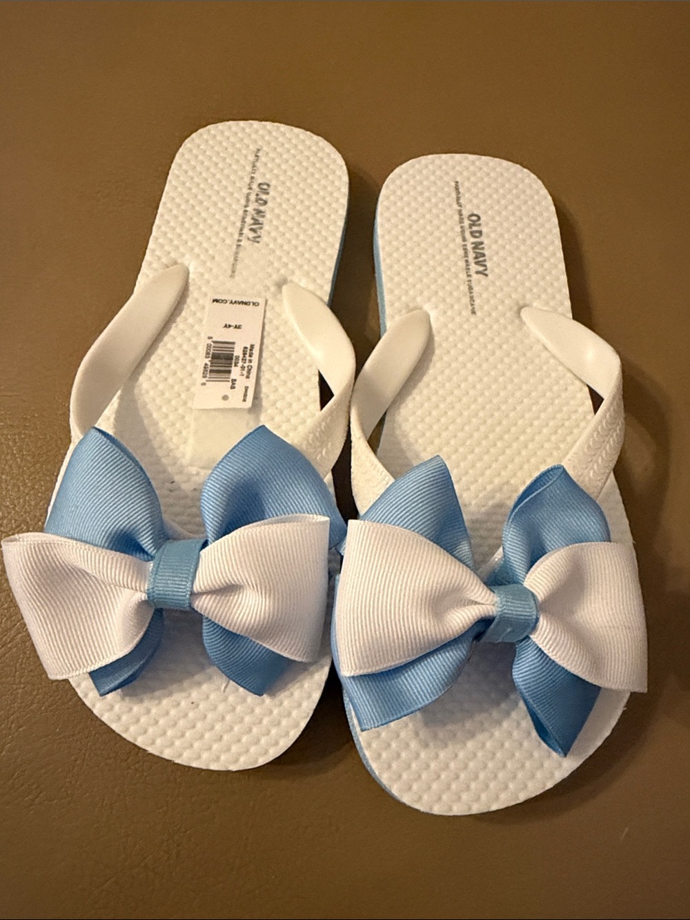 Old Navy White Flip Flops with Light Blue & White Bows